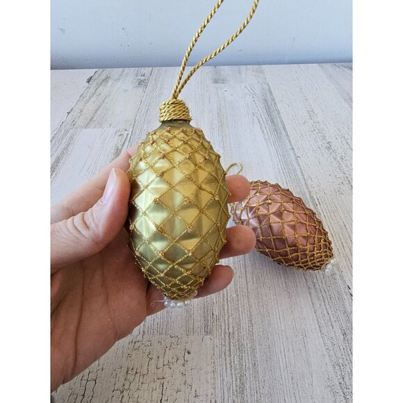 Glass gold beaded pine cone unique ornament set Xmas tree - Picture 5 of 10